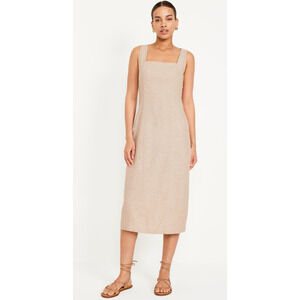 NWT Old Navy Linen Blend Midi Dress Tan Natural Smocked Back Square Neck Large